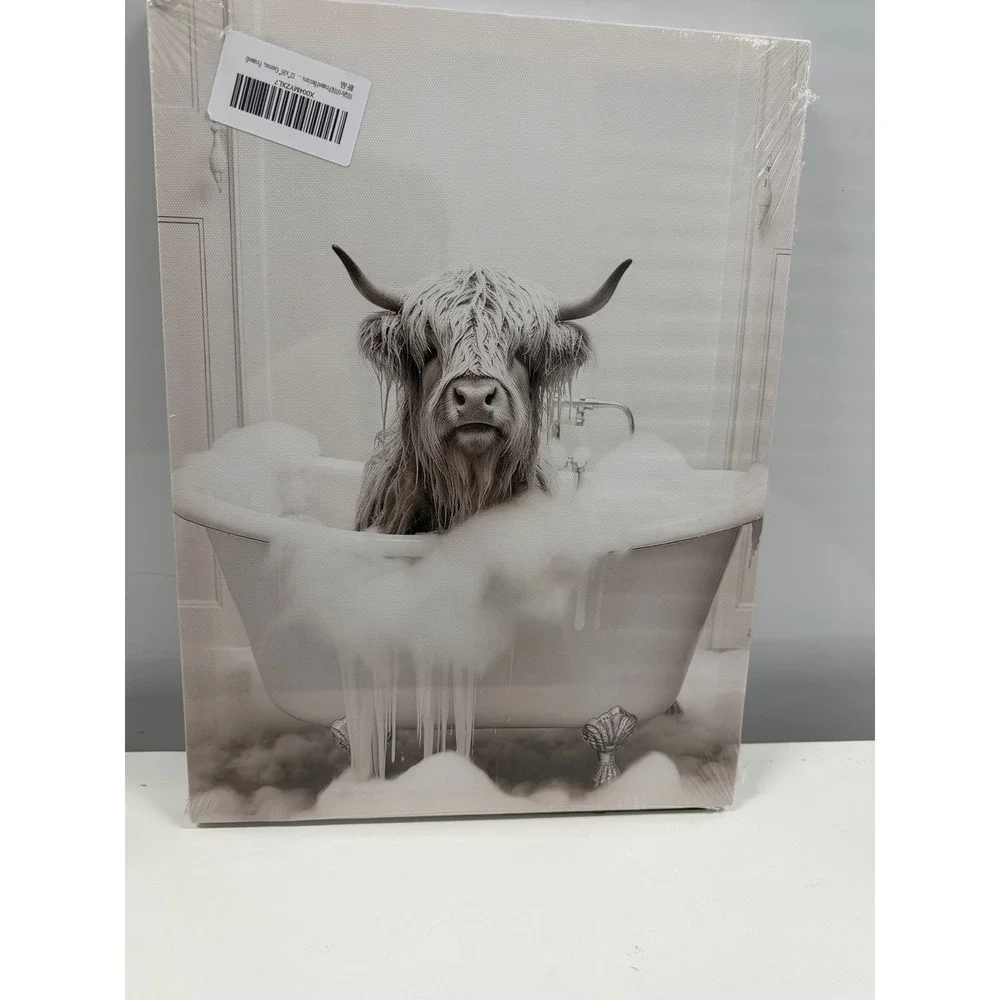 Highland Cow in Bathtub Canvas Wall Art 12x16 Farmhouse Bathroom Decor Sepia